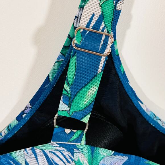 Fit 4 U Blue Floral Tankini Swim Top Mesh Overlay Handkerchief Hem Size 8 New - Picture 8 of 11